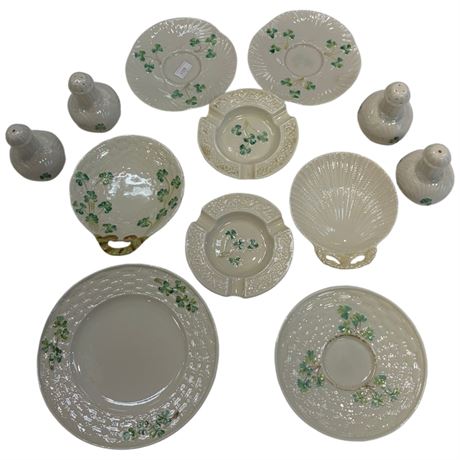 12 Assorted Pieces Of Vintage Belleek, Green Mark