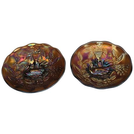 2 Early Carnival Glass Bowls "Peacock & Urn"