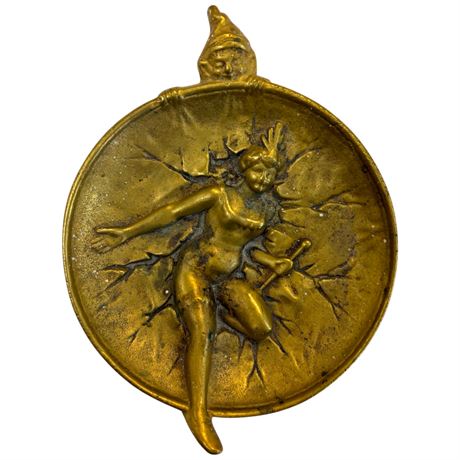 Art Nouveau Brass Footed Tray With Embossed Lady & Peeping Gnome