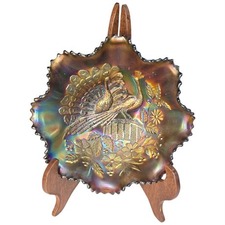 Rare Early Black Amethyst Carnival Glass "Peacocks On The Fence" Bowl