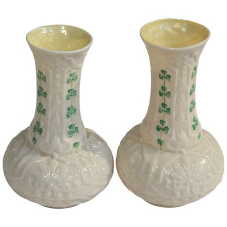 2 Vintage Belleek Vases, Green Mark