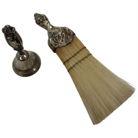 Early Sterling Silver Art Nouveau Sweeper & Bell With Embossed Lady Handles
