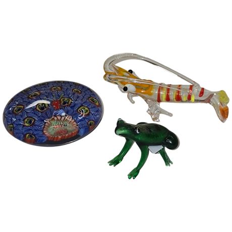 3 Art Glass Paper Weights, Peacock, Crawfish, Frog