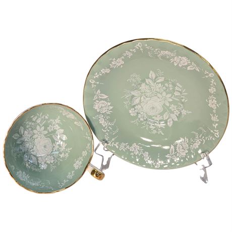 Vintage Aynsley "Sage Green White Rose" Tea Cup & Saucer