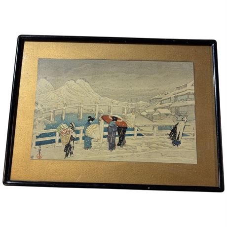 1924 Japanese Woodblock Print "Snow On The Bridge" 1882/1956 By Kazuma Ada