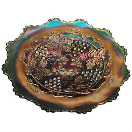 Early Green Footed Carnival Glass Fenton "Grape & Cable" Plate