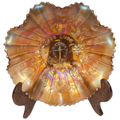 Early Marigold Carnival Glass "Good Luck" Bowl