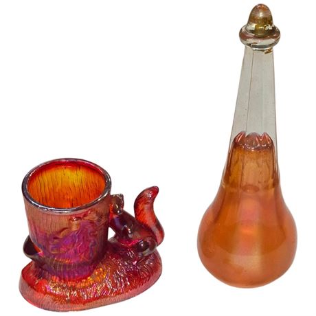 Amberina Carnival Glass Toothpick Holder & Carnival Glass Automotive Bud Vase