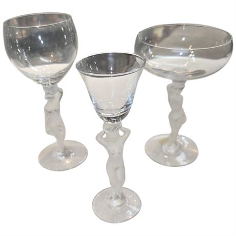 3 Vintage Frosted Nude Lady Figural Glasses