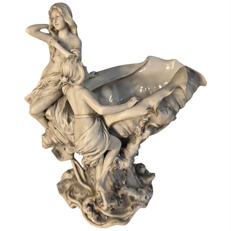 Large Early Art Nouveau Royal Dux Porcelain Seashell Maiden Center Piece