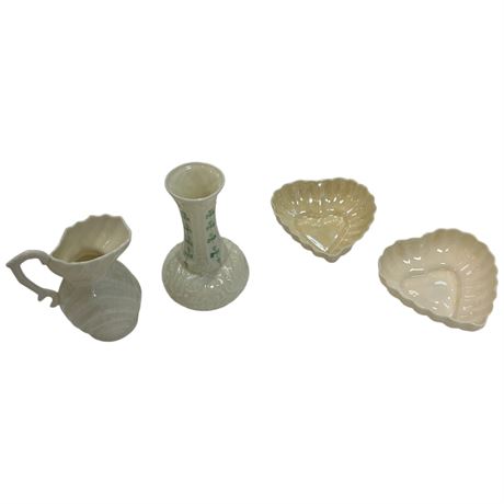4 Assorted Pieces Of Vintage Belleek, Green Mark