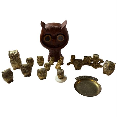 Large Assortment Of Brass Owls, Pocket Change Tray