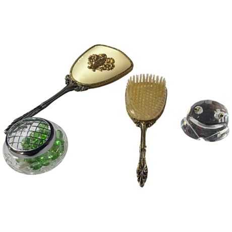 Partial Dresser Set, Flower Frog, And Art Glass Frog