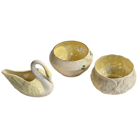 3 Vintage Belleek Bowls, Green Marks