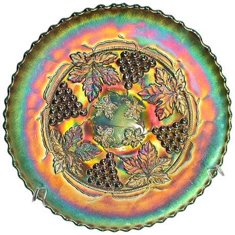 Early Green Footed Carnival Glass "Grape & Cable" Plate