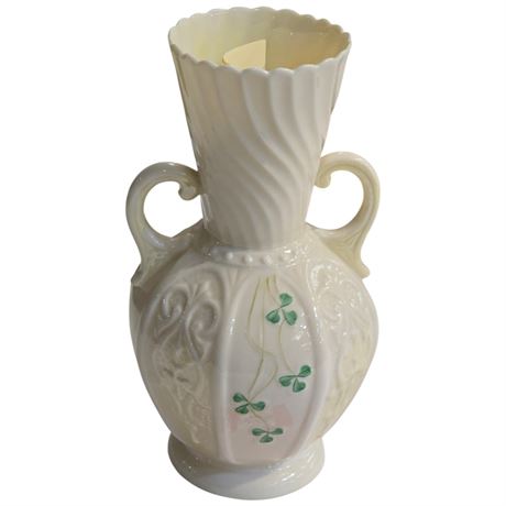 Vintage Belleek 2-Handled Vase, Green Mark