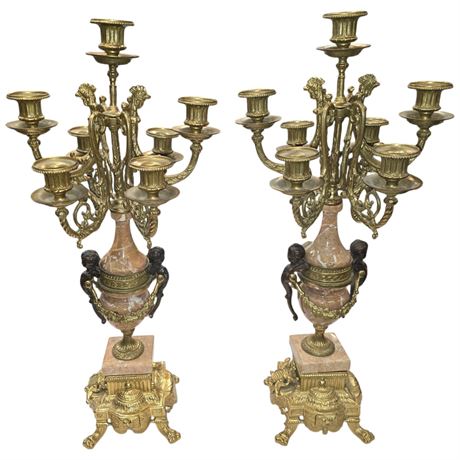 Pair Of Italian Brevettato Brass Marble Candelabras