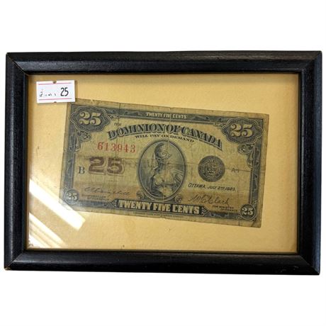 1923 Dominion Of Canada 25 Cent Paper Bill, In Frame