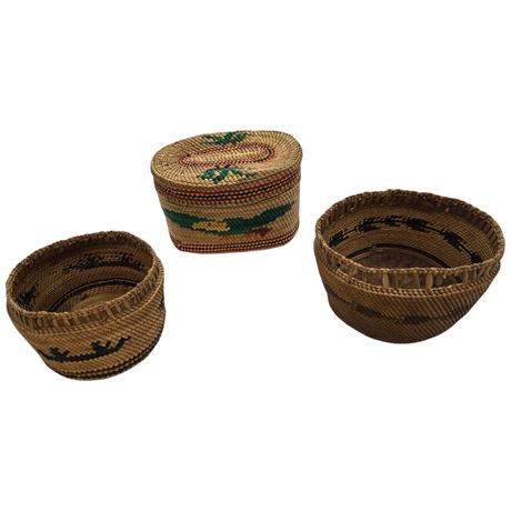 3 Vintage Nootka Miniature First Nations Baskets