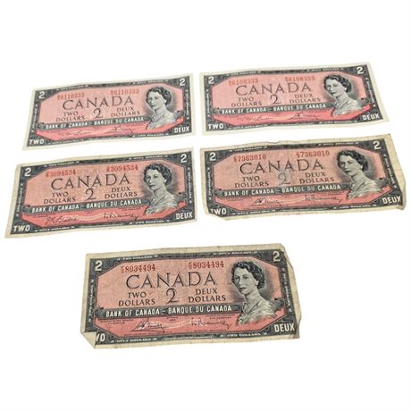 5 Vintage Canadian Two Dollar Bills