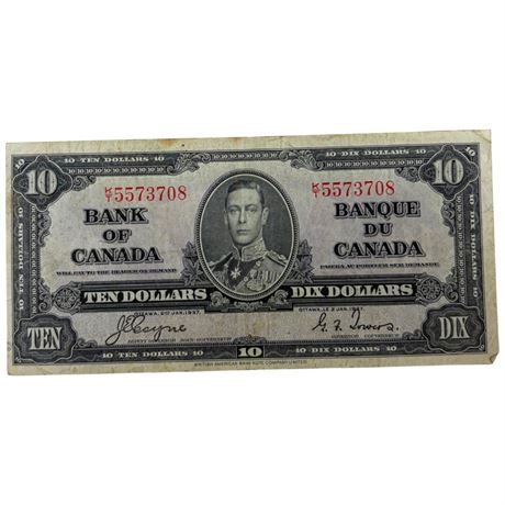 1937 King George $10 Canadian Paper Bill