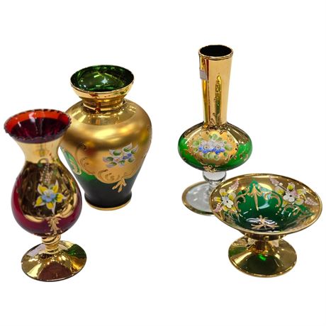 4 Murano 24K Gold Hand Painted Vases