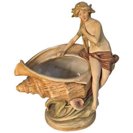 Large Early Art Nouveau Royal Dux Porcelain Center Piece "Maiden On Conch"