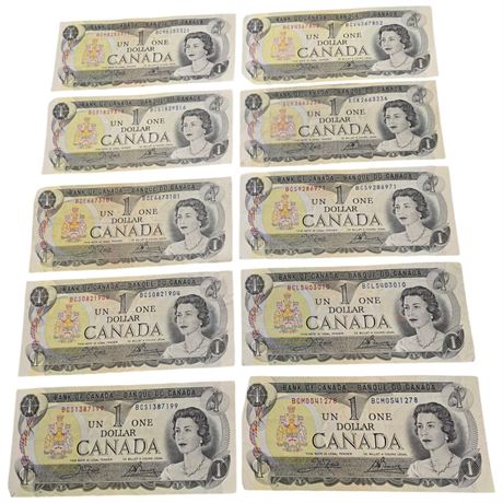 10 Vintage Canadian Dollar Bills