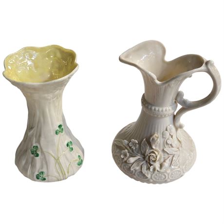 Vintage Belleek Jug & Vase, Green Mark