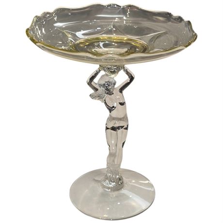 Vintage Cambridge Crown Tuscan Nude Lady Figural Glass Compote