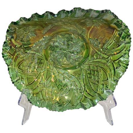 Early Green Carnival Glass "Whirling Leaves" Bowl