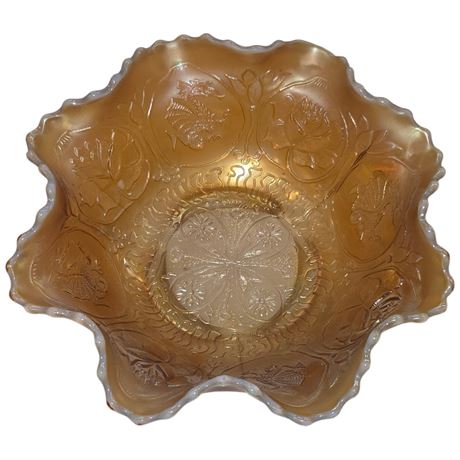 Early Footed Peach Opal Carnival Glass "Dragon & Lotus" Bowl