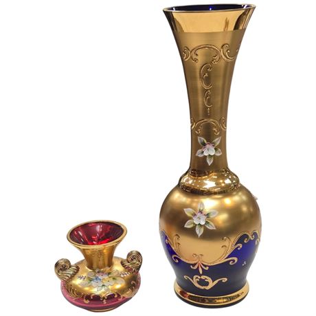 4 Murano 24K Gold Hand Painted Vases