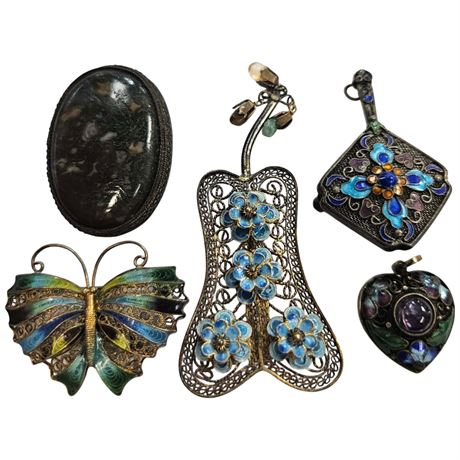 5 Piece Lot Of Chinese Export Silver & Enamel Jewelry