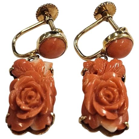 18K Carved Coral Rose Earrings - Xrf Tested 14-16K