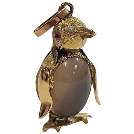 18K Moonstone, Black Onyx & Ruby Eyes Penguin Pendant - Xrf Tested