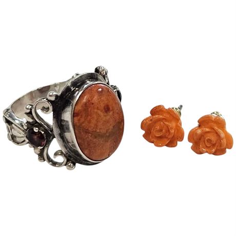 925 Sterling Silver Coral Ring & Coral Flower Earrings