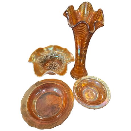 Vintage Carnival Glass Bowl & Vase