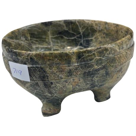 Carved Footed Stone Bowl With Curled Snake