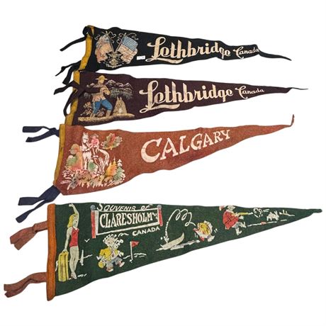 4 Vintage Canadian Pennants, Lethbridge, Claresholm, Calgary