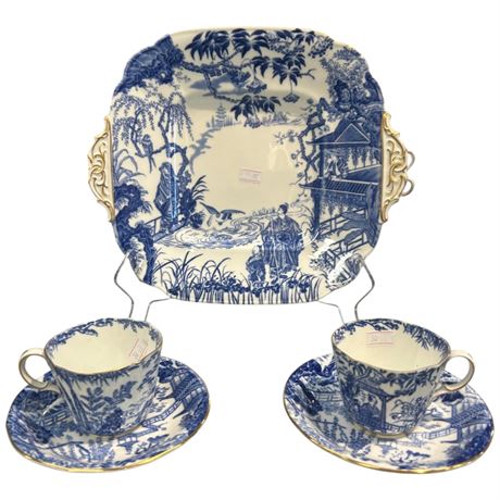 Royal Crown Derby Cake Plate & 2 Semi Tasse Tea Cups And Saucers