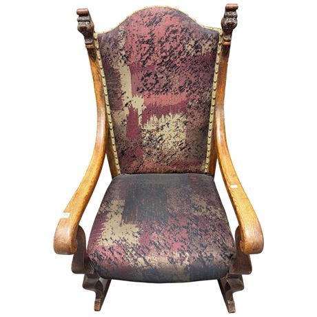 Vintage Carved Head Upholstered Rocking Chair