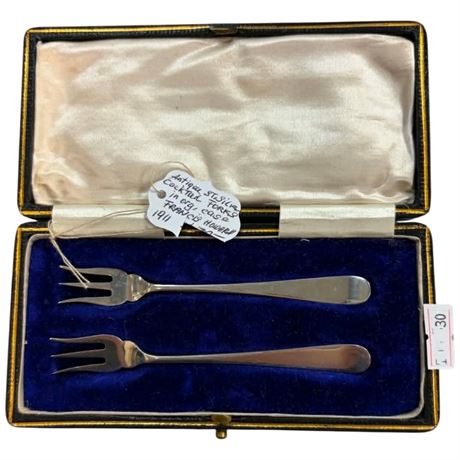 Antique Sterling Silver Cocktail Forks, In Original Case