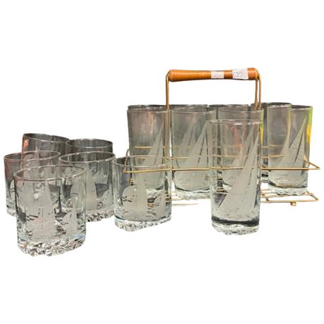 Approx 13 Glasses With Etched Sailboats And Carrier
