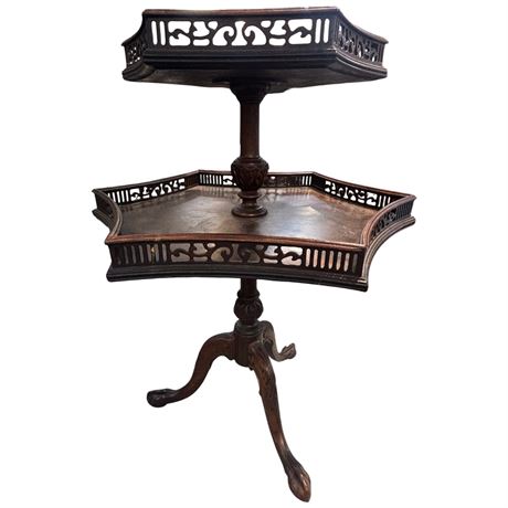 Vintage 2 Teir Carved Hexagonal Display Table With Claw Feet