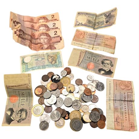Assorted Foreign Currency & Canadian $2 Paper Bills