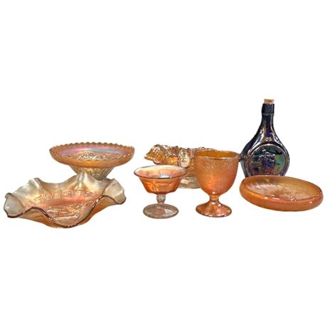 7 Pieces Of Assorted Carnival Glass, Bottle, Bowls, Cups, Etc..