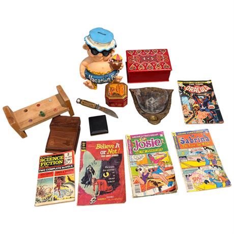 Assorted Collectibles, Comics, Knife, Piggy Bank, Trinket Box, Etc..