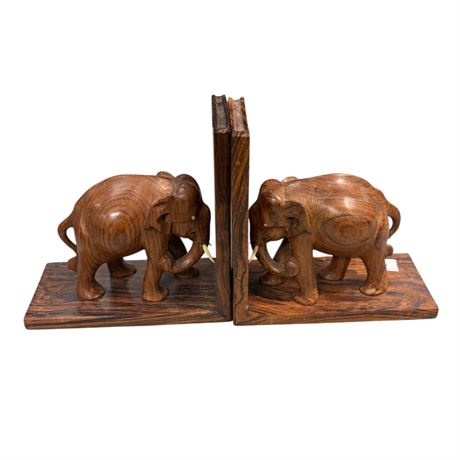 Pair Of Carved Wood Elephant Book Ends