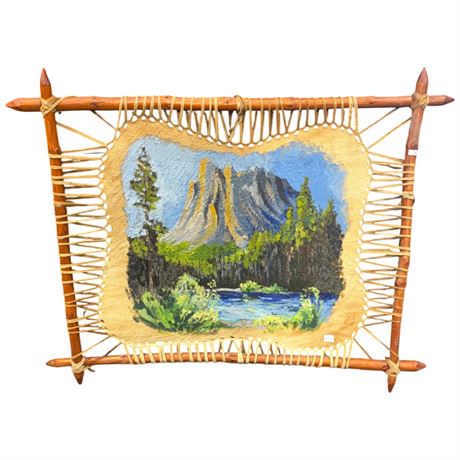 Vintage Oil Painting On Hide With Stick Frame